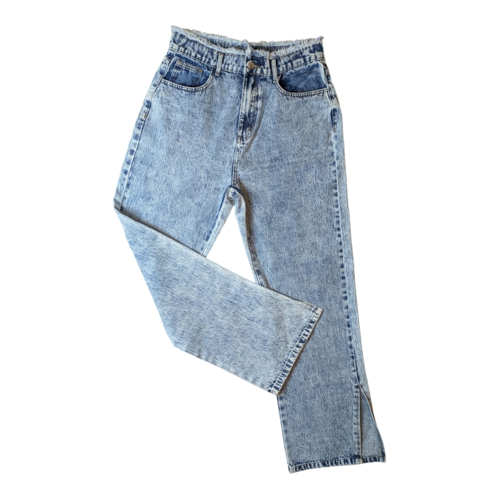 Shein Stonewashed Wide Leg Split Hem High Rise Frayed Waist Jeans Large